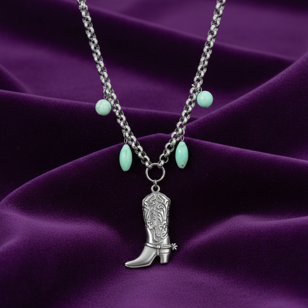 Turquoise Dyed Howlite Gemstone Beaded Cowboy Boot Pendant Necklace 18"