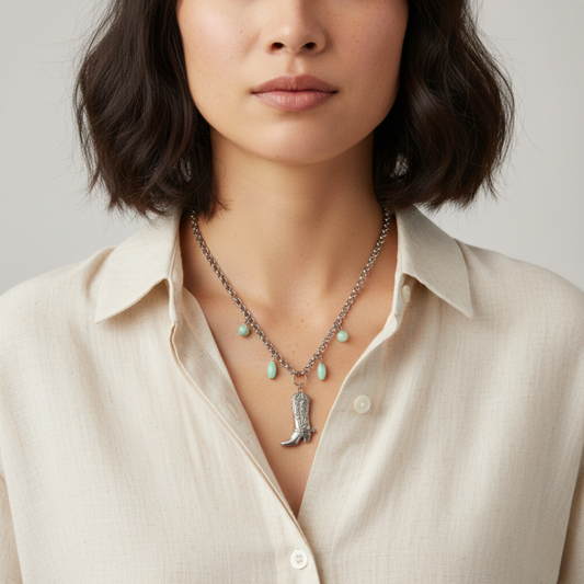 Turquoise Dyed Howlite Gemstone Beaded Cowboy Boot Pendant Necklace 18"