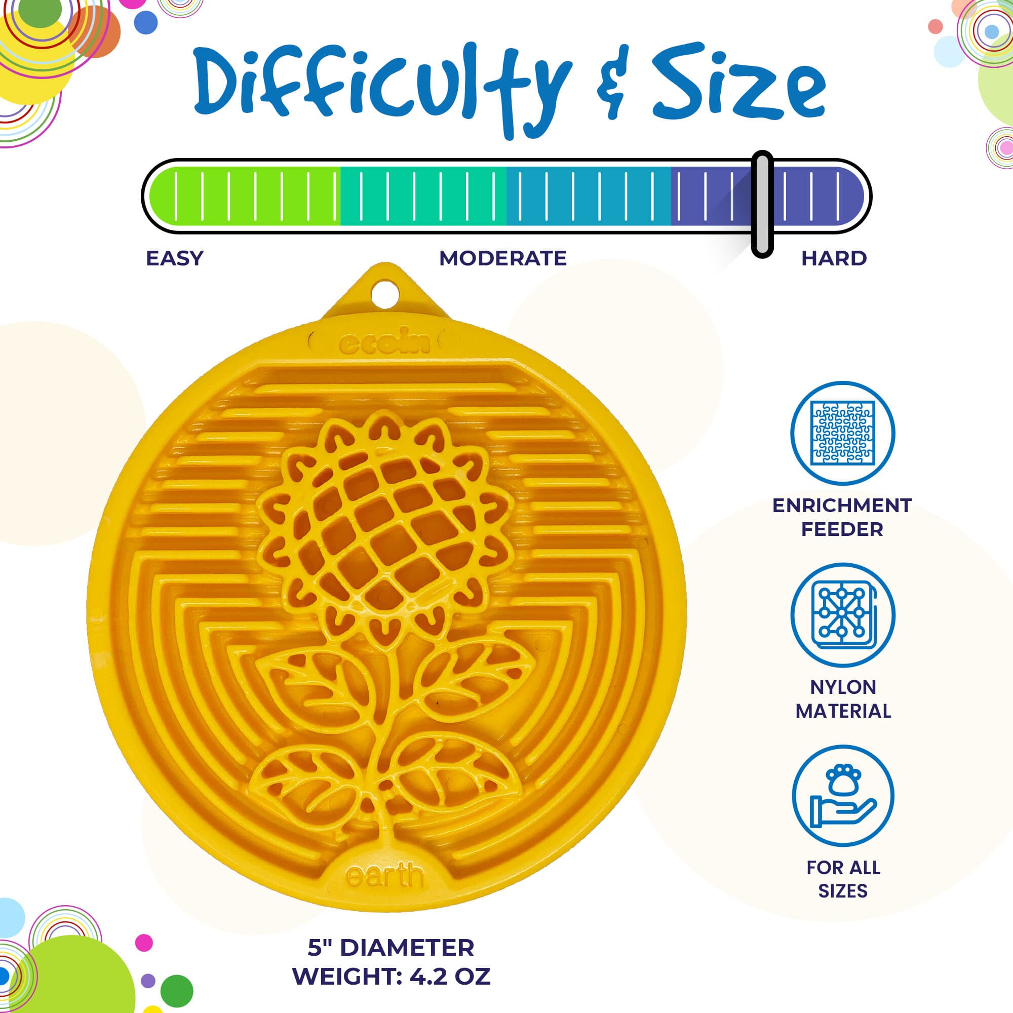 Earth eCoin Nylon Lick Mat for Dogs by Southlake Paws, 5" diameter, yellow with flower design, enrichment toy for all sizes.