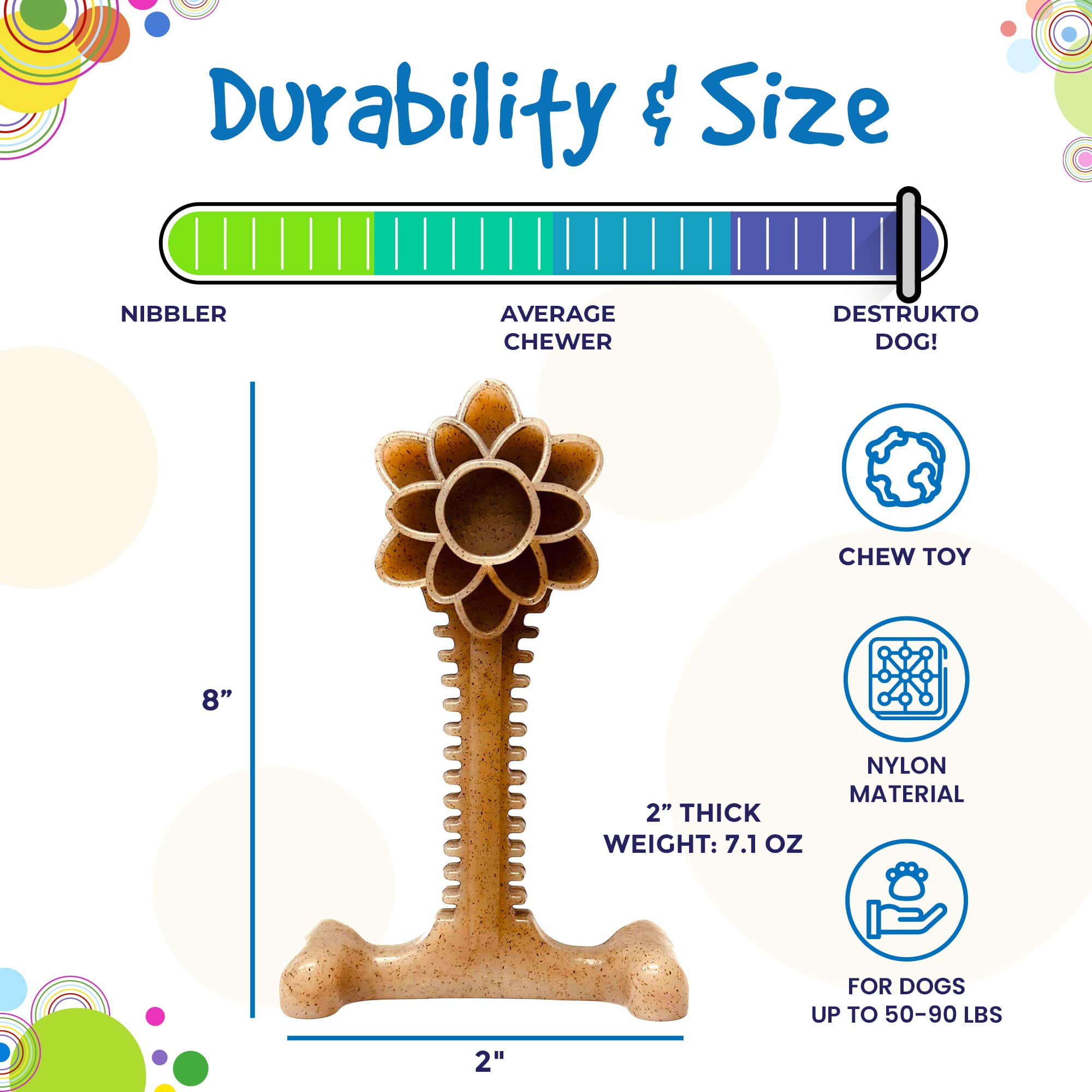 Southlake Paws Honey Bone Dental Flower Tower, an 8" indestructible nylon dog chew toy for dogs 50-90 lbs. Durable and thick 