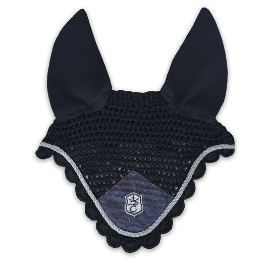 Black crocheted fly hat with ear covers and scalloped edges, featuring a Southlake Paws logo on a purple patch.