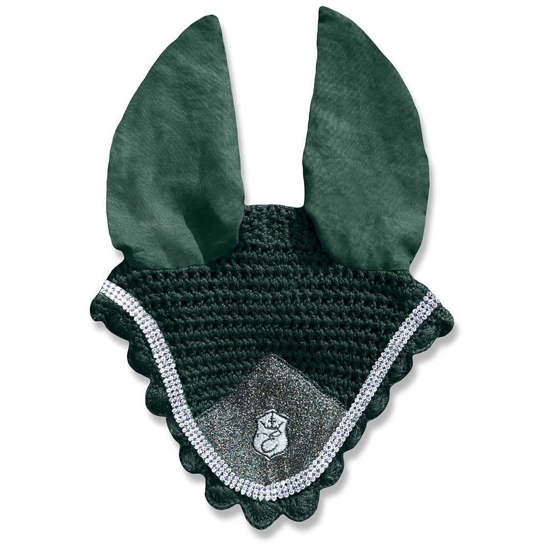 Jade Green Fly Hat by Southlake Paws featuring large ears, scalloped edges, and a sparkly accent. Ideal for horse riding.