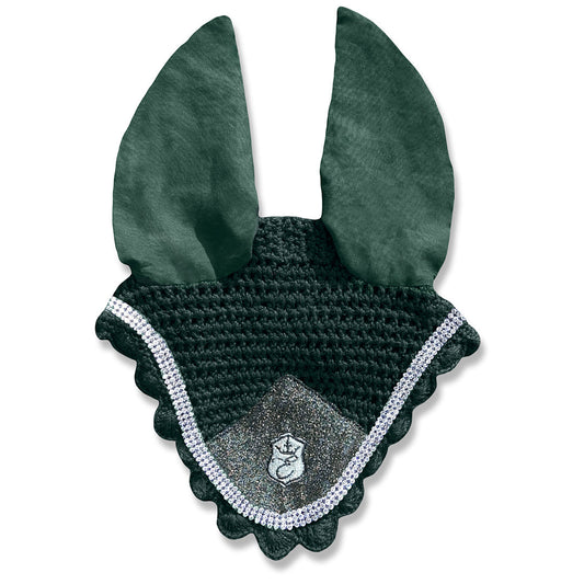Jade Green Fly Hat by Southlake Paws featuring large ears, scalloped edges, and a sparkly accent. Ideal for horse riding.