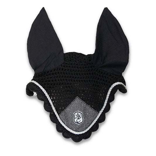 Stardust Grey Fly Hat by Southlake Paws, featuring a black crocheted design with large ears and a scalloped edge.