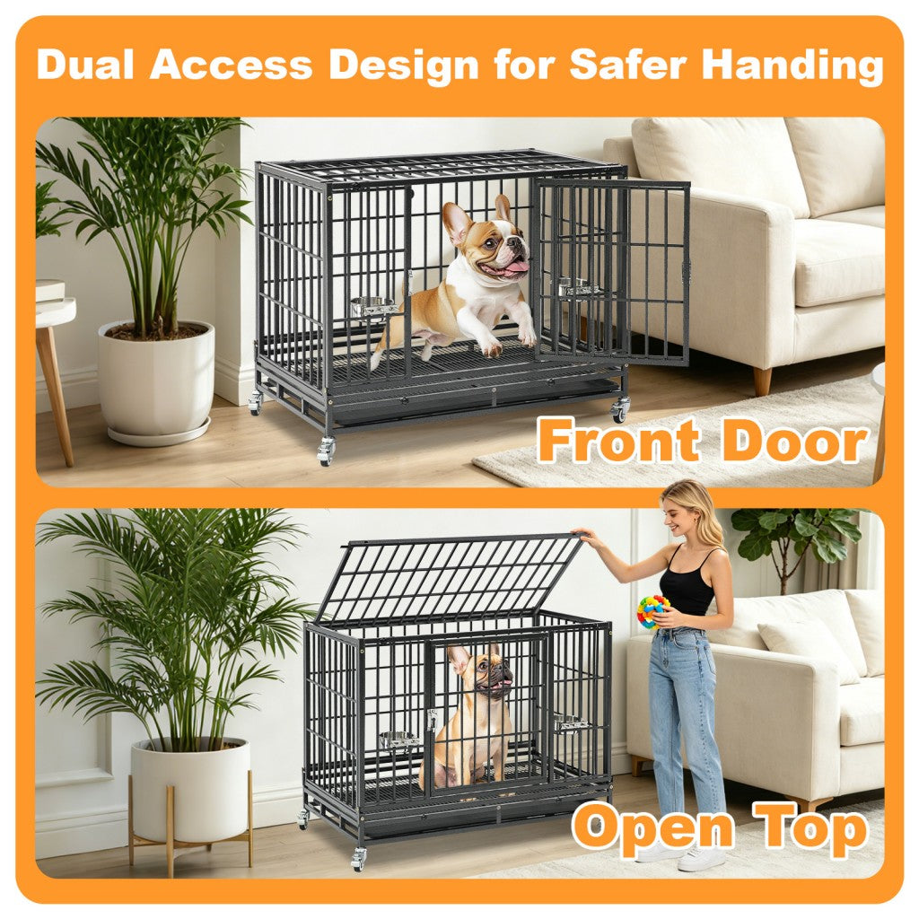 Heavy-duty 37" stackable dog crate with dual access design, featuring a front door and open top, suitable for indoor use.