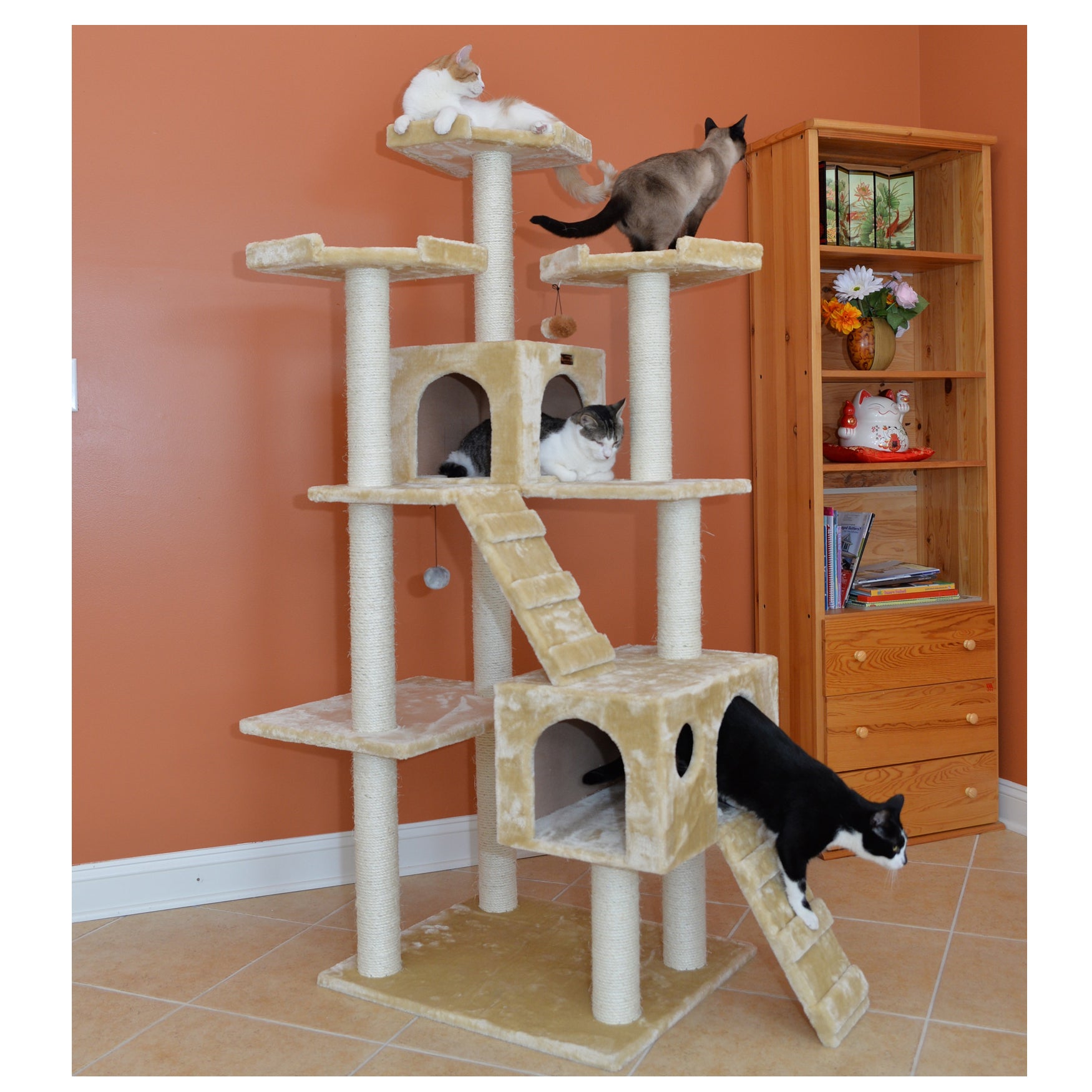 Armarkat 74" Multi-Level Cat Tree Large Cat Play Furniture With SratchhIng Posts Large Playforms A7401 Beige