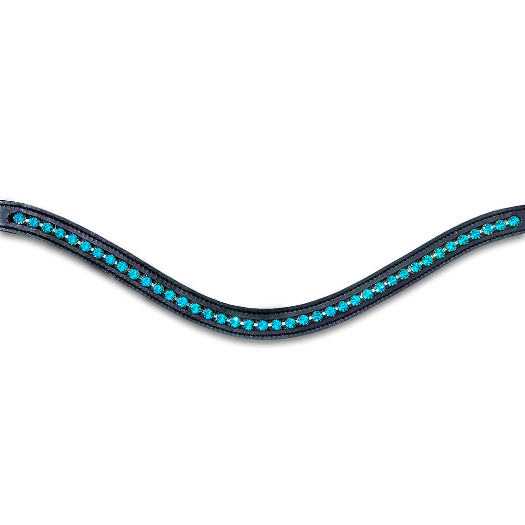 Teal Browband by Southlake Paws featuring a wavy design adorned with sparkling teal and blue crystals on a black background.