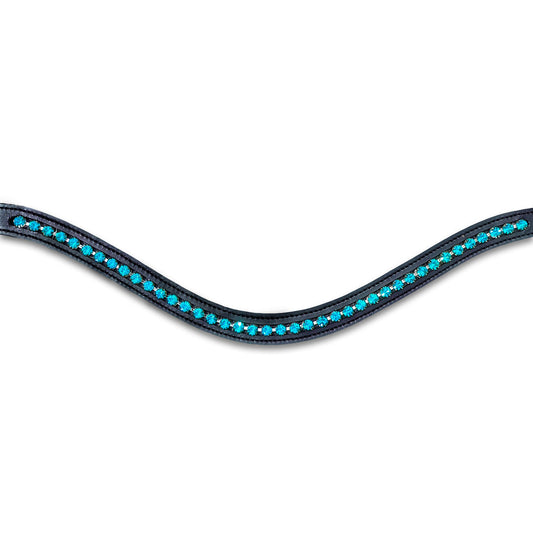Teal Browband by Southlake Paws featuring a wavy design adorned with sparkling teal and blue crystals on a black background.
