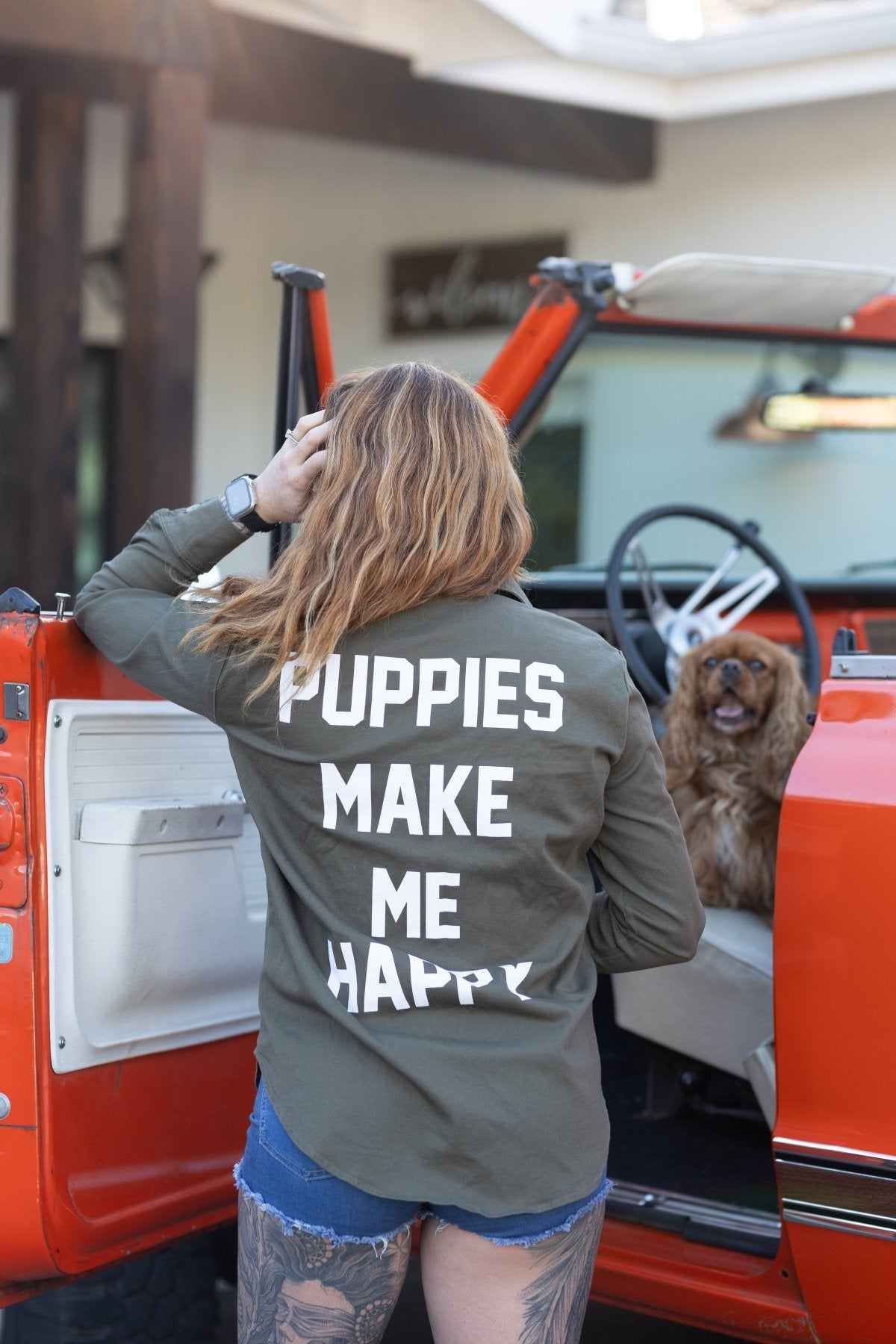 Puppies Make Me Happy Military Button Up | Present For Dog Lover | Made in USA