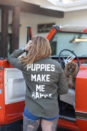 Puppies Make Me Happy Military Button Up | Present For Dog Lover