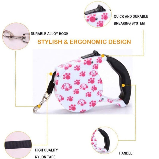 Pink Paws Retractable Dog Leash