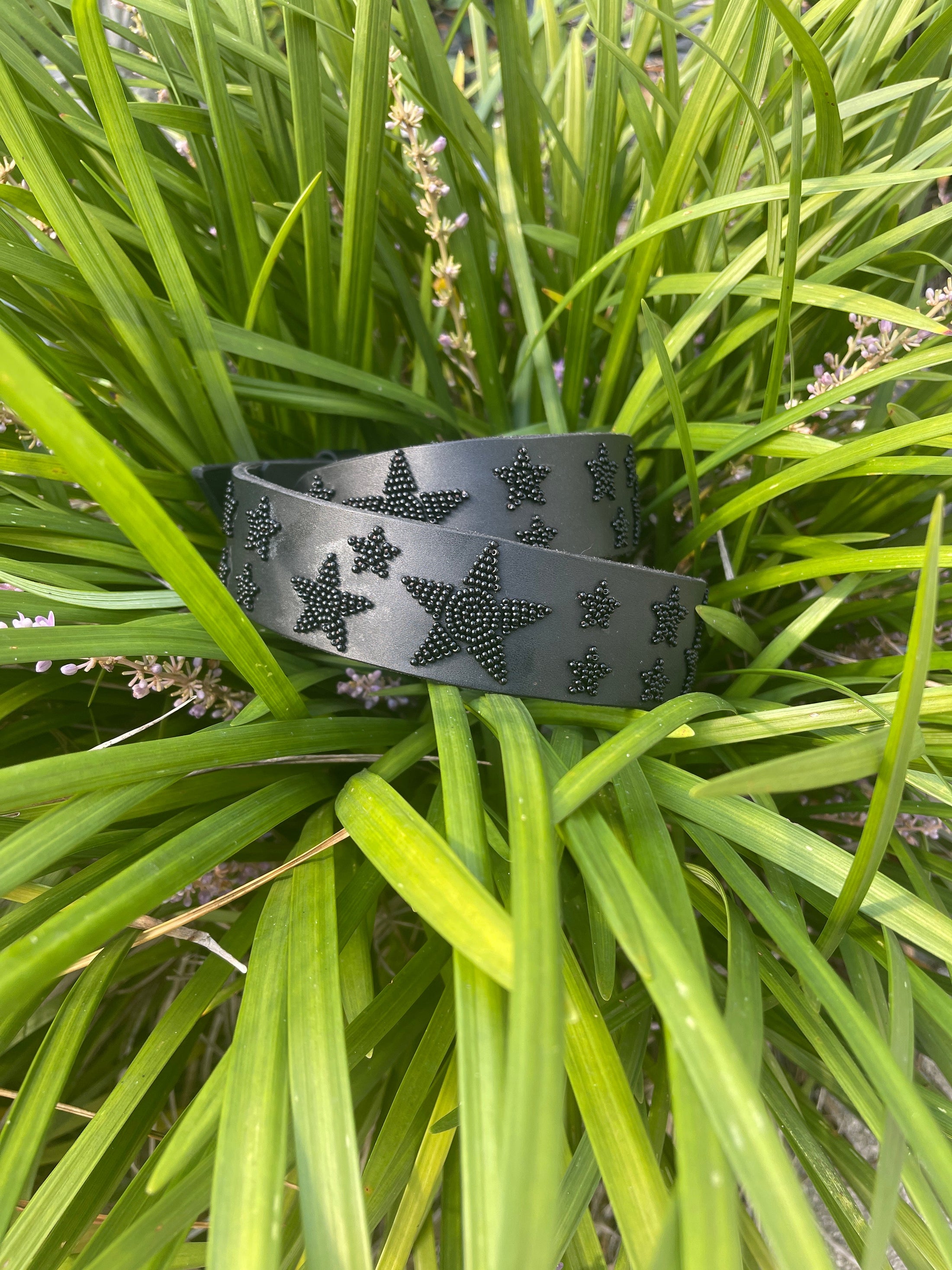 Black leather belt with star patterns on a green plant background