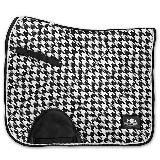 Black and white herringbone saddle pad by Southlake Paws, featuring a quilted design and a black leather trim.