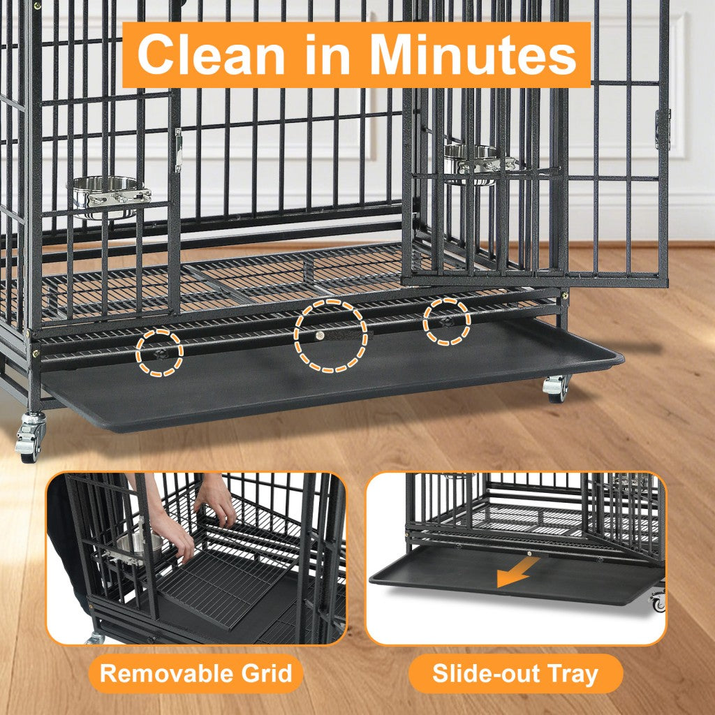 37" Stackable Heavy Duty Dog Crate 371D03 with removable grid and slide-out tray for easy cleaning. Durable design on wheels.