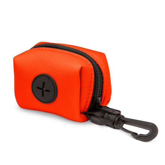 Neon orange poop bag holder with a zippered closure and a clip for easy attachment. Compact and stylish design.