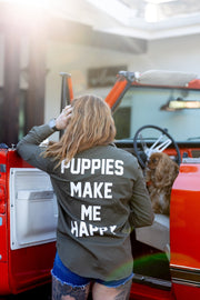 Puppies Make Me Happy Military Button Up | Present For Dog Lover