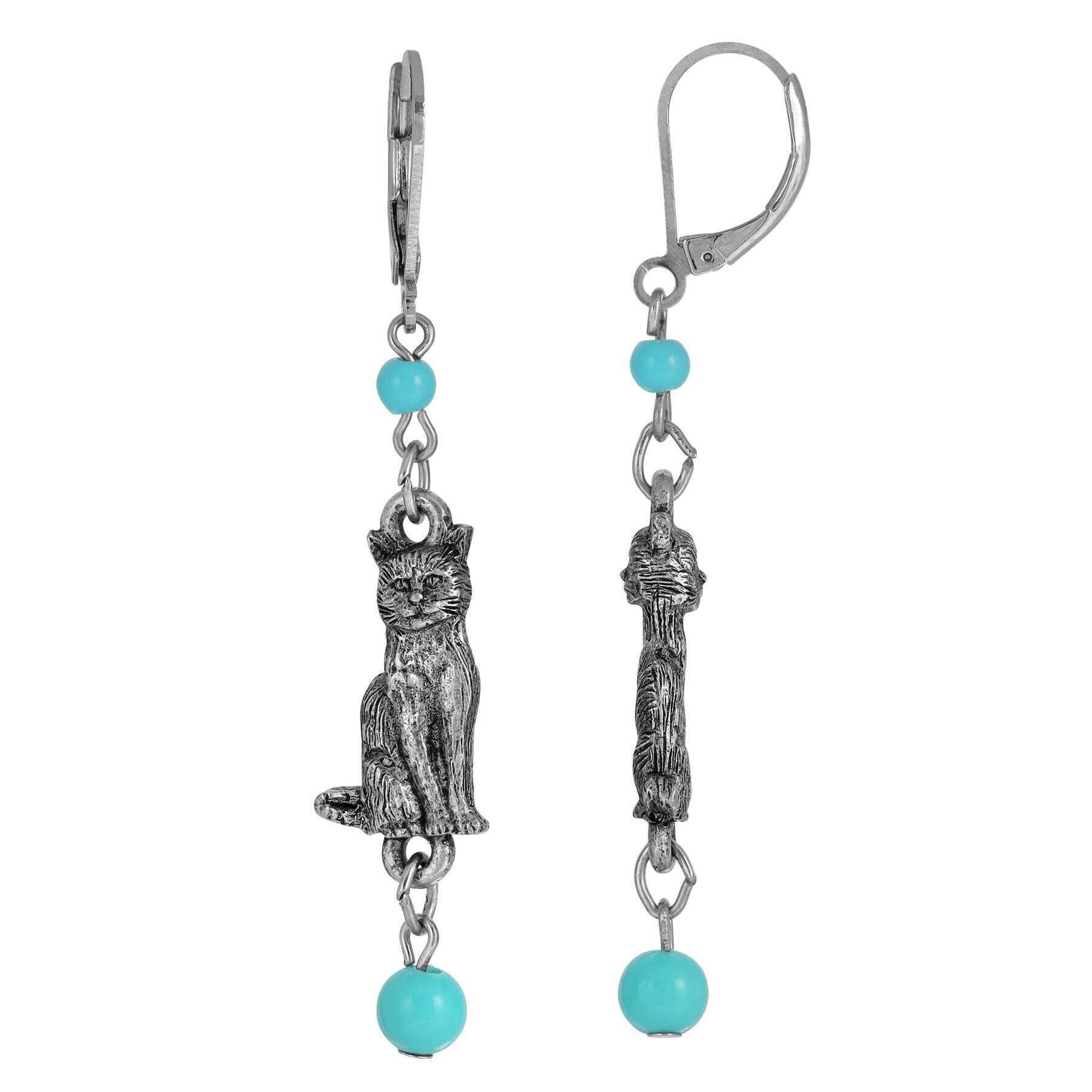 Round Smooth Bead Sitting Cat Dangle Earrings
