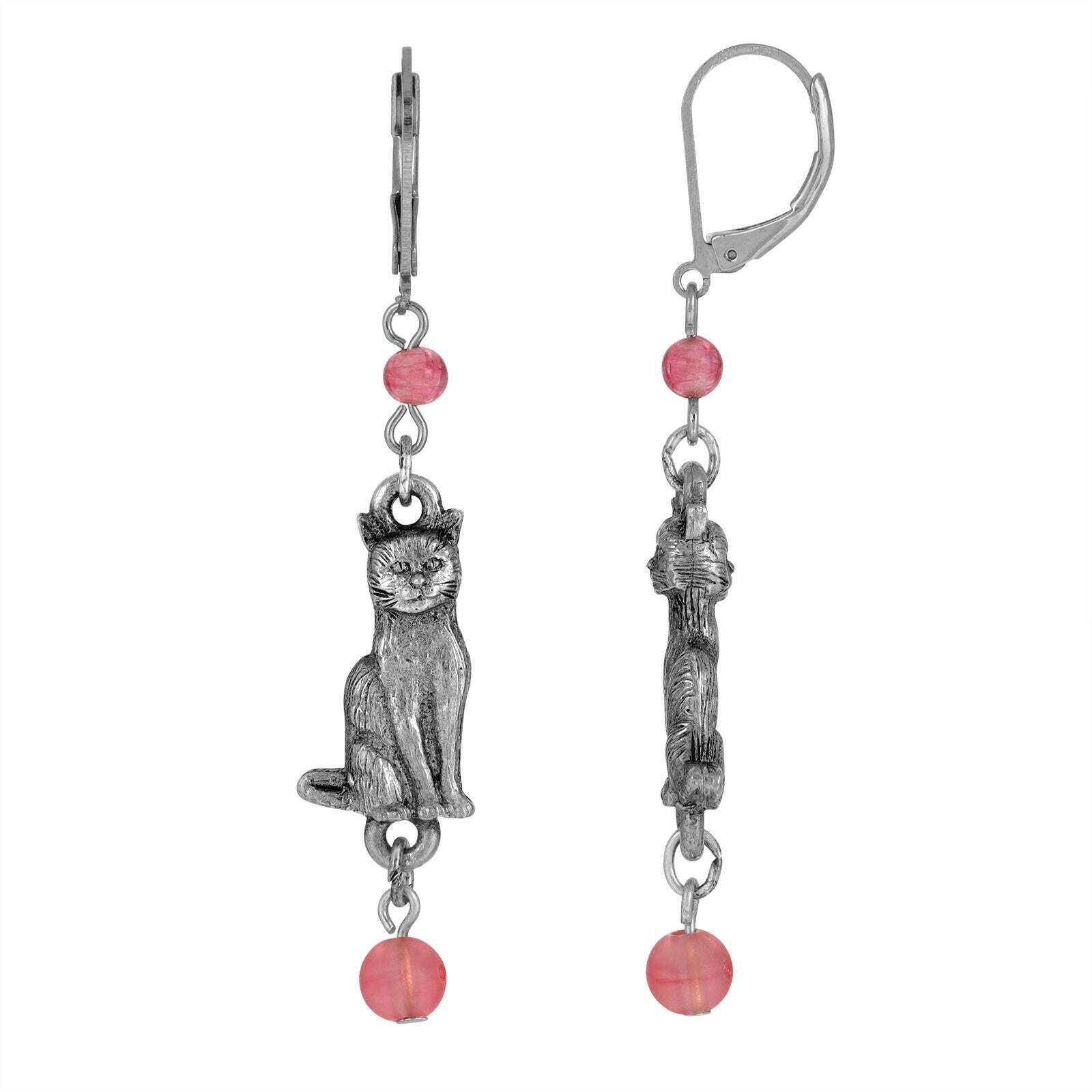Round Smooth Bead Sitting Cat Dangle Earrings