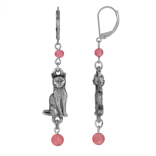 Round Smooth Bead Sitting Cat Dangle Earrings