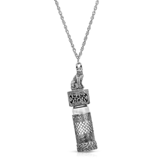 Pewter Cat Filigree Screw Cap Vial Necklace For Hand Sanitizer 30"