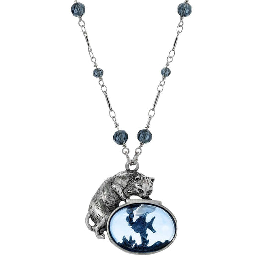 Cat And Blue Fish Pendant Necklace 30"