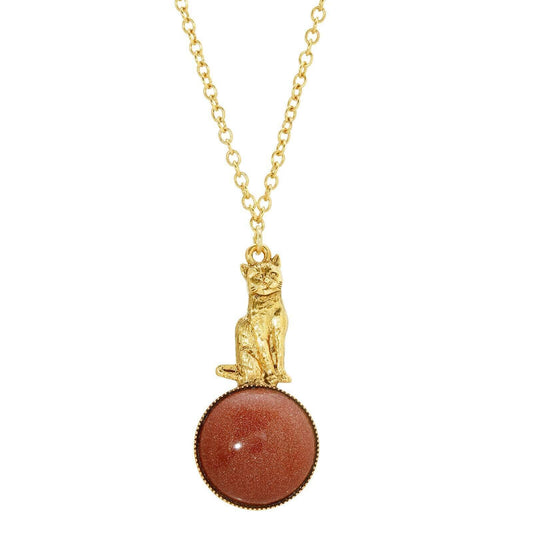 Sitting Cat On Round Gemstone Pendant Necklace 28"