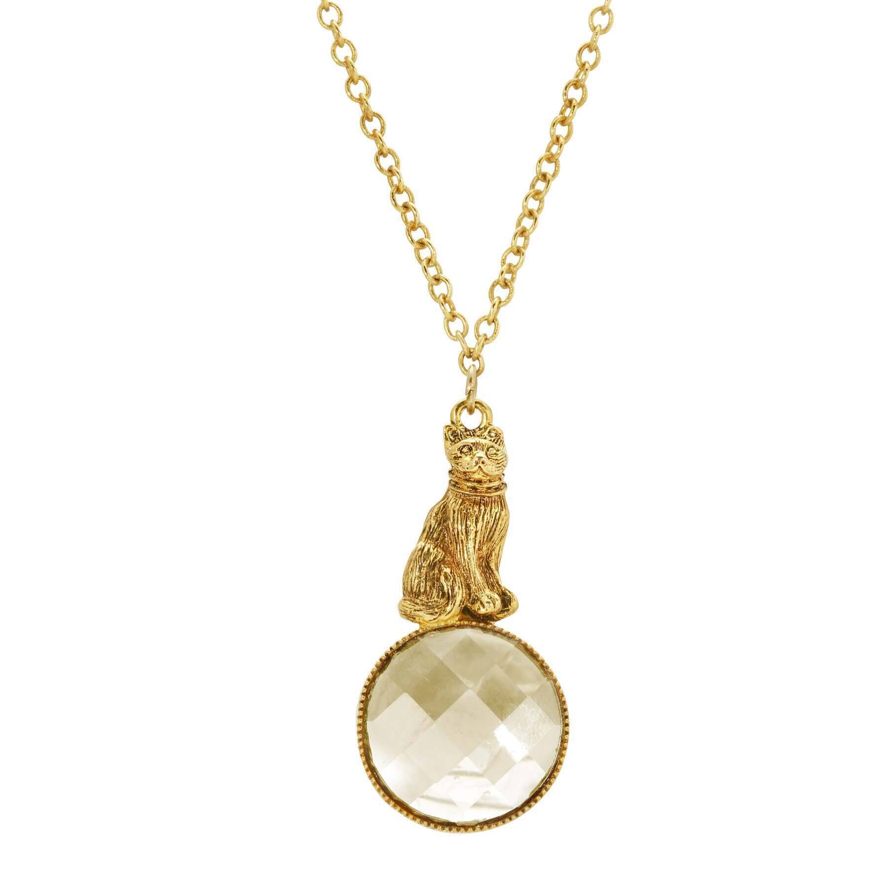 Sitting Cat On Round Light Topaz Stone Pendant Necklace 28"