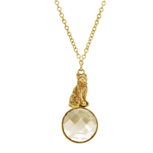 Sitting Cat On Round Light Topaz Stone Pendant Necklace 28"