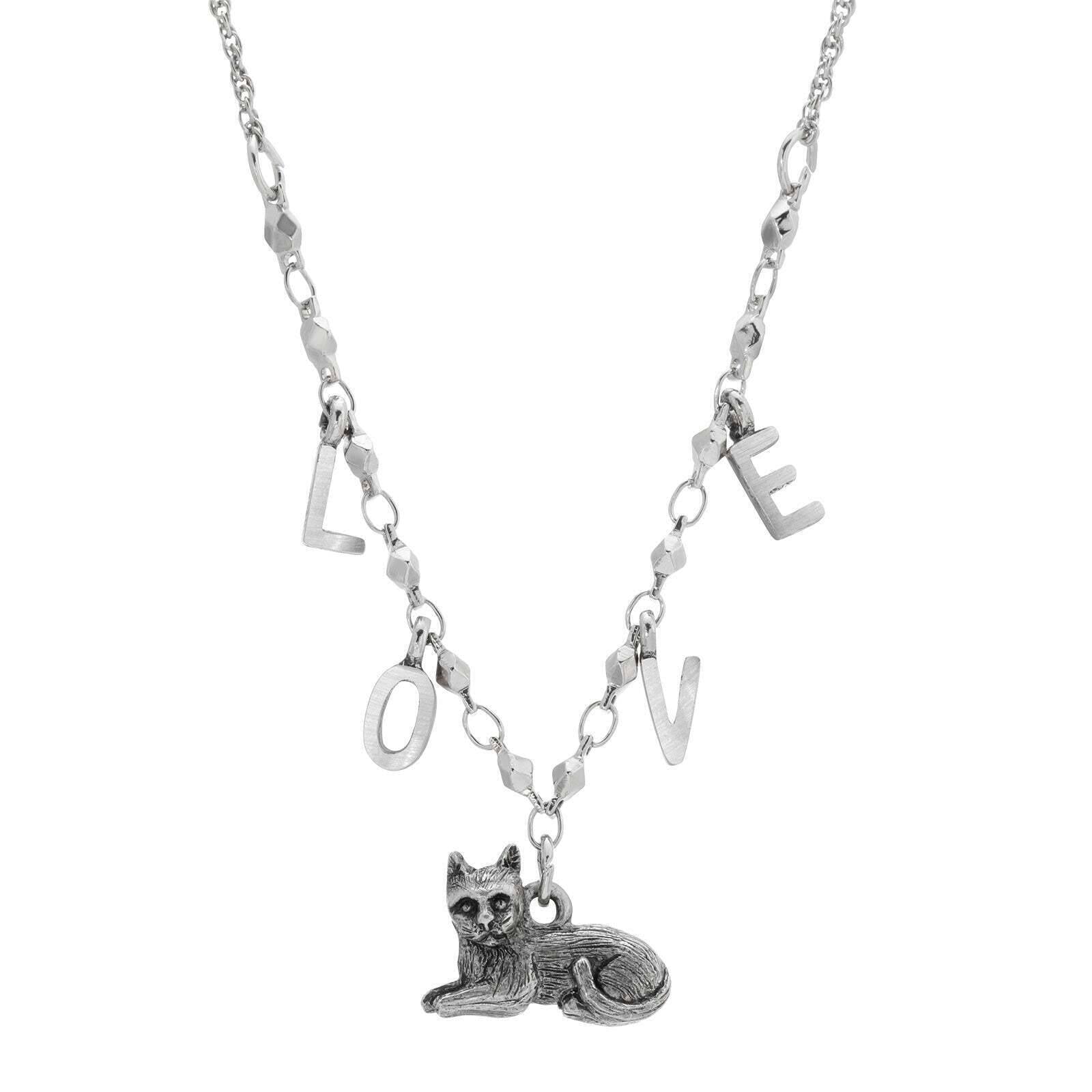 LOVE Antiqued Cat Pendant Necklace 16"