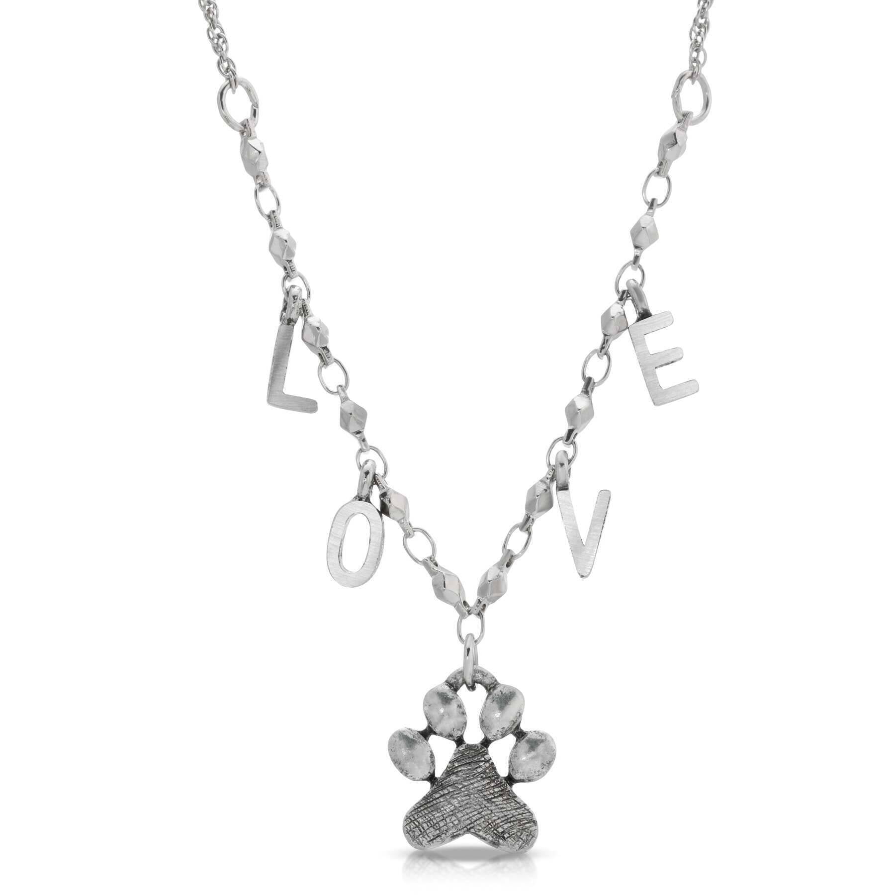 Pewter Paw Pendant LOVE Necklace 16"