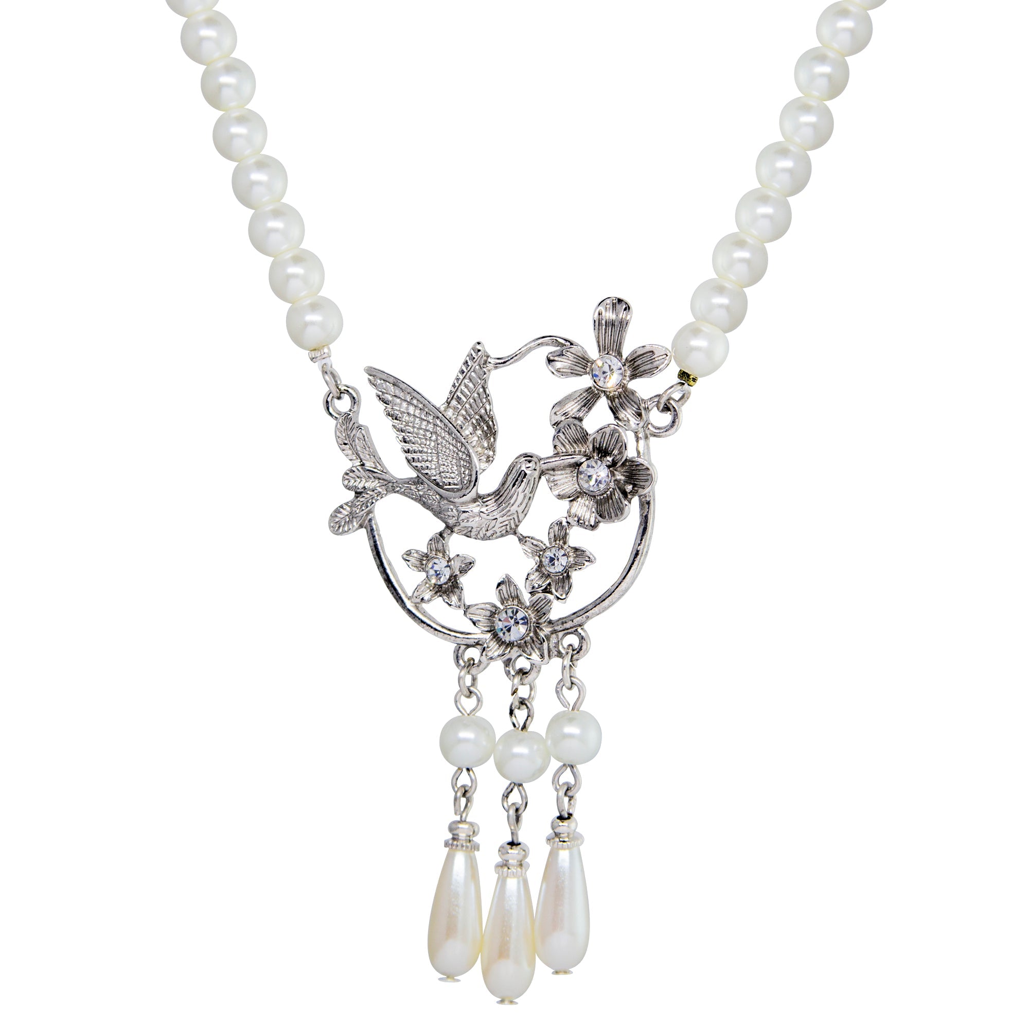 Humming Bird Crystal Flowers Faux Pearl Stand Necklace  16" + 3" Extension
