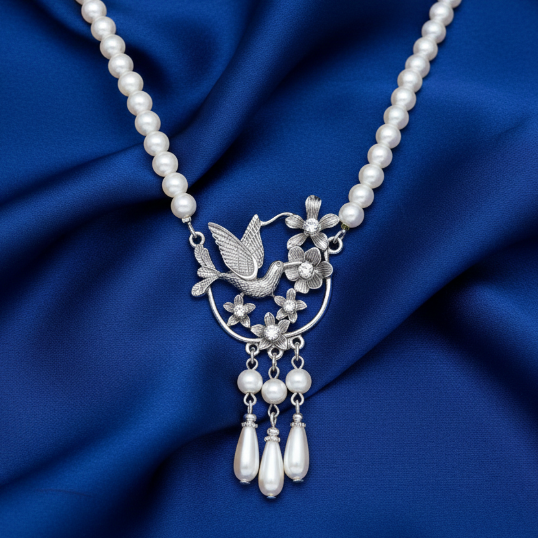 Humming Bird Crystal Flowers Faux Pearl Stand Necklace  16" + 3" Extension