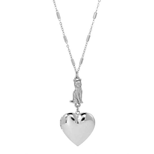 Sitting Cat And Heart Locket Necklace 30"