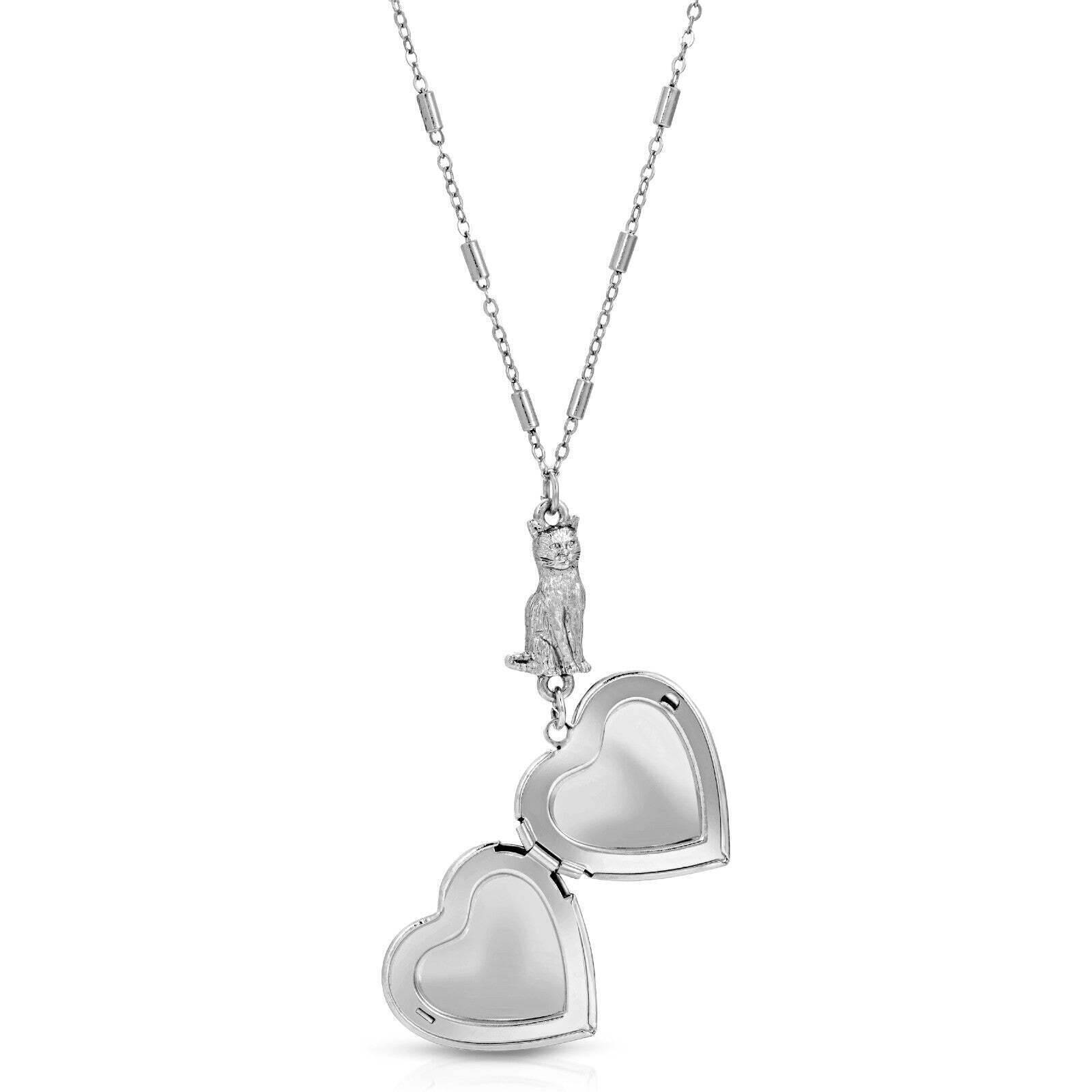 Sitting Cat And Heart Locket Necklace 30"