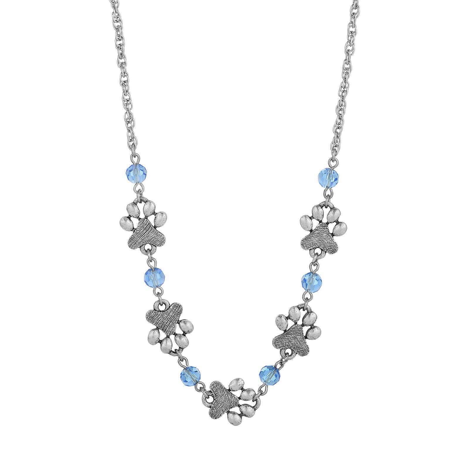 Light Blue Sapphire Bead Pewter Paw Necklace 16" + 3" Extender