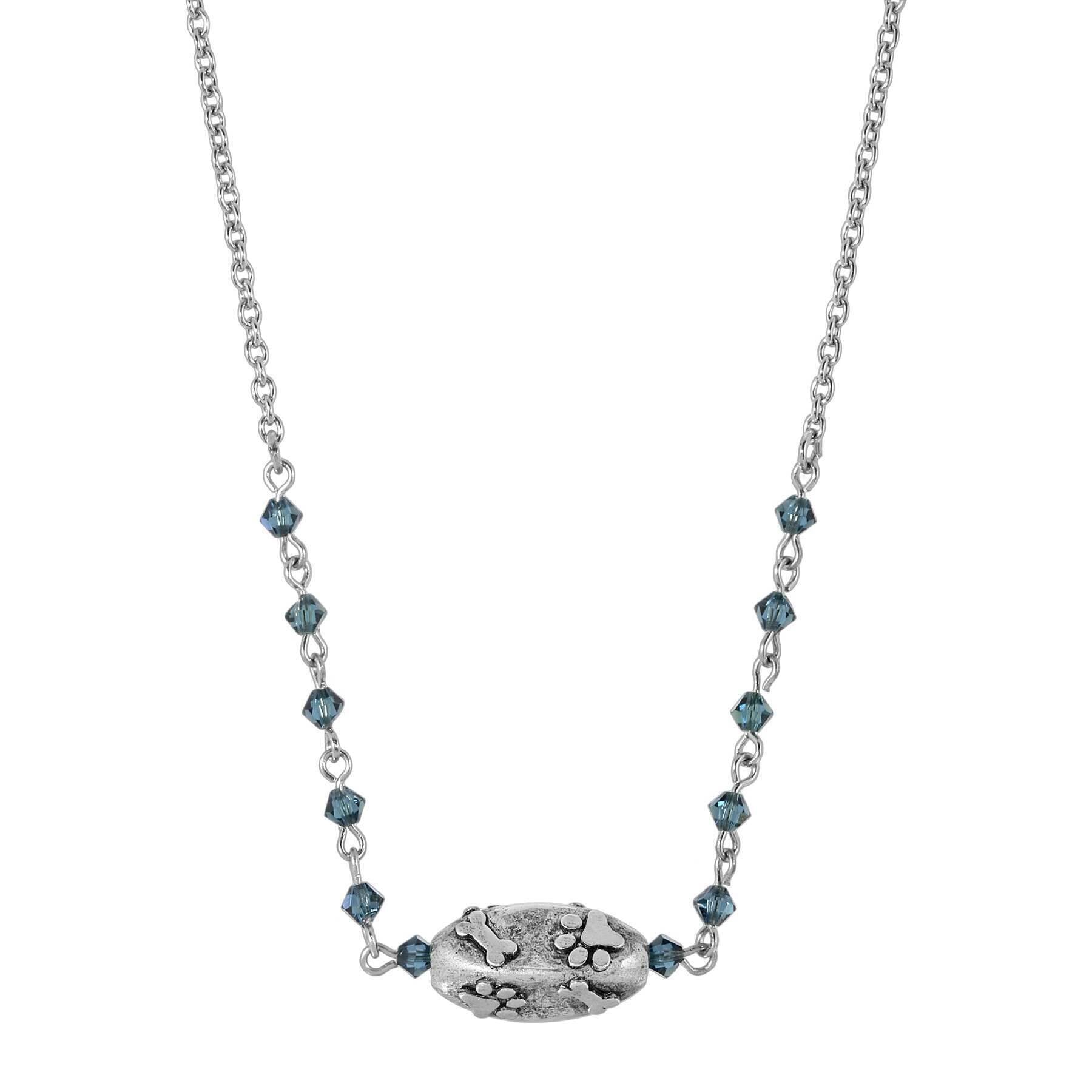 Dog Paw And Bone Blue Bead Pendant Necklace 16" + 3" Extender
