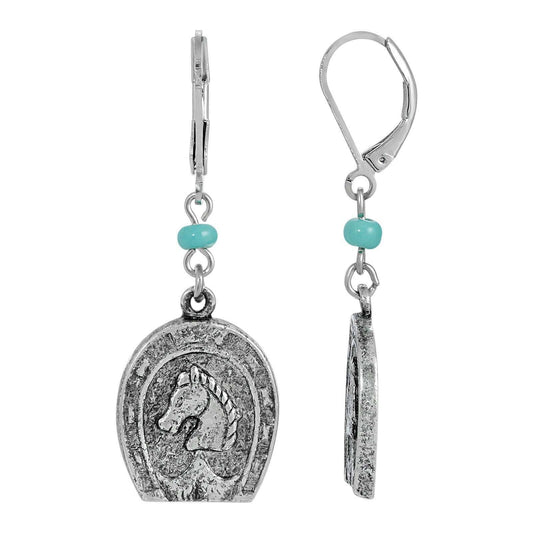 Southwest Turquoise Bead Horseshoe & Horse Dangle Earrings