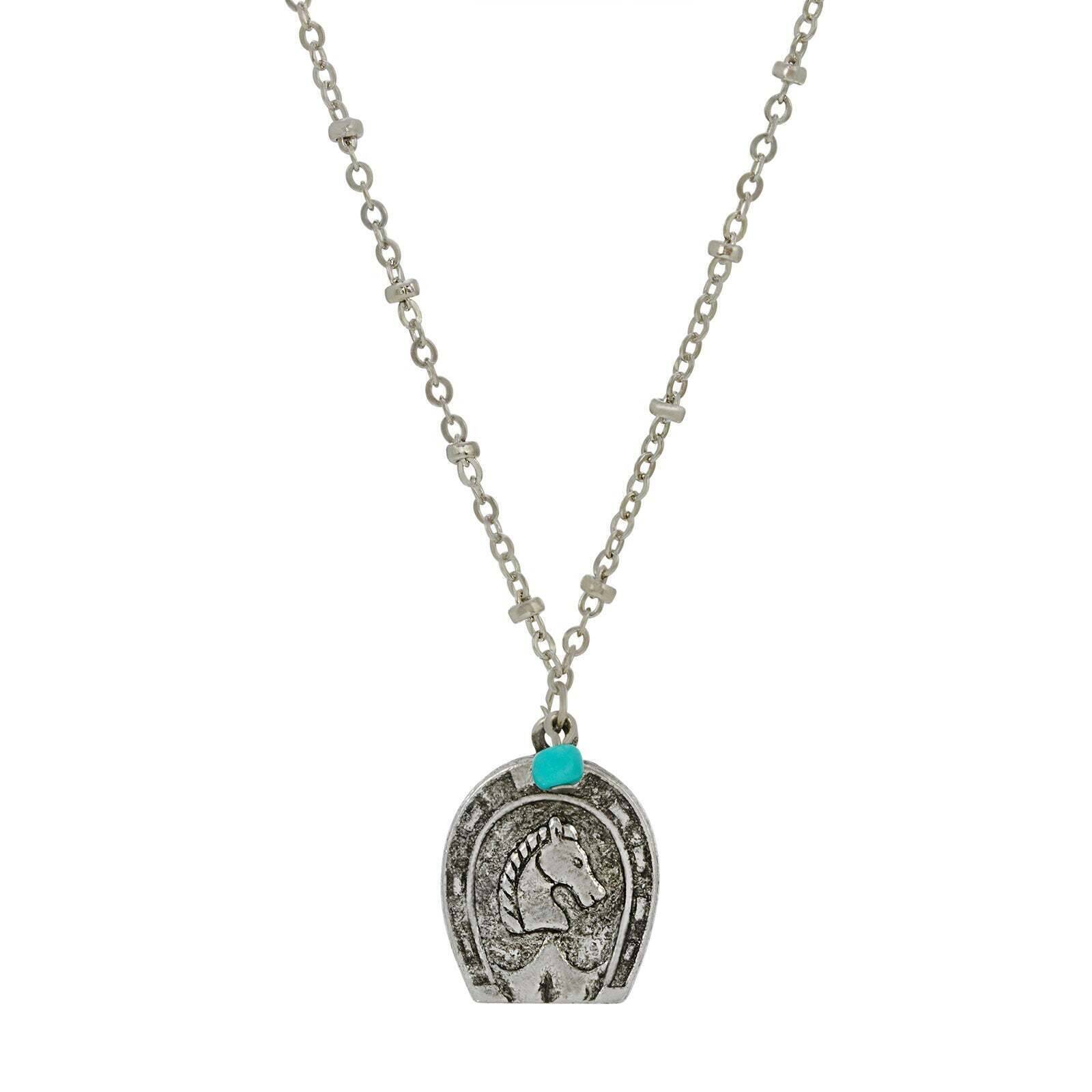 Southwest Turquoise Bead Horseshoe & Horse Pendant Necklace 16" + 3" Extender
