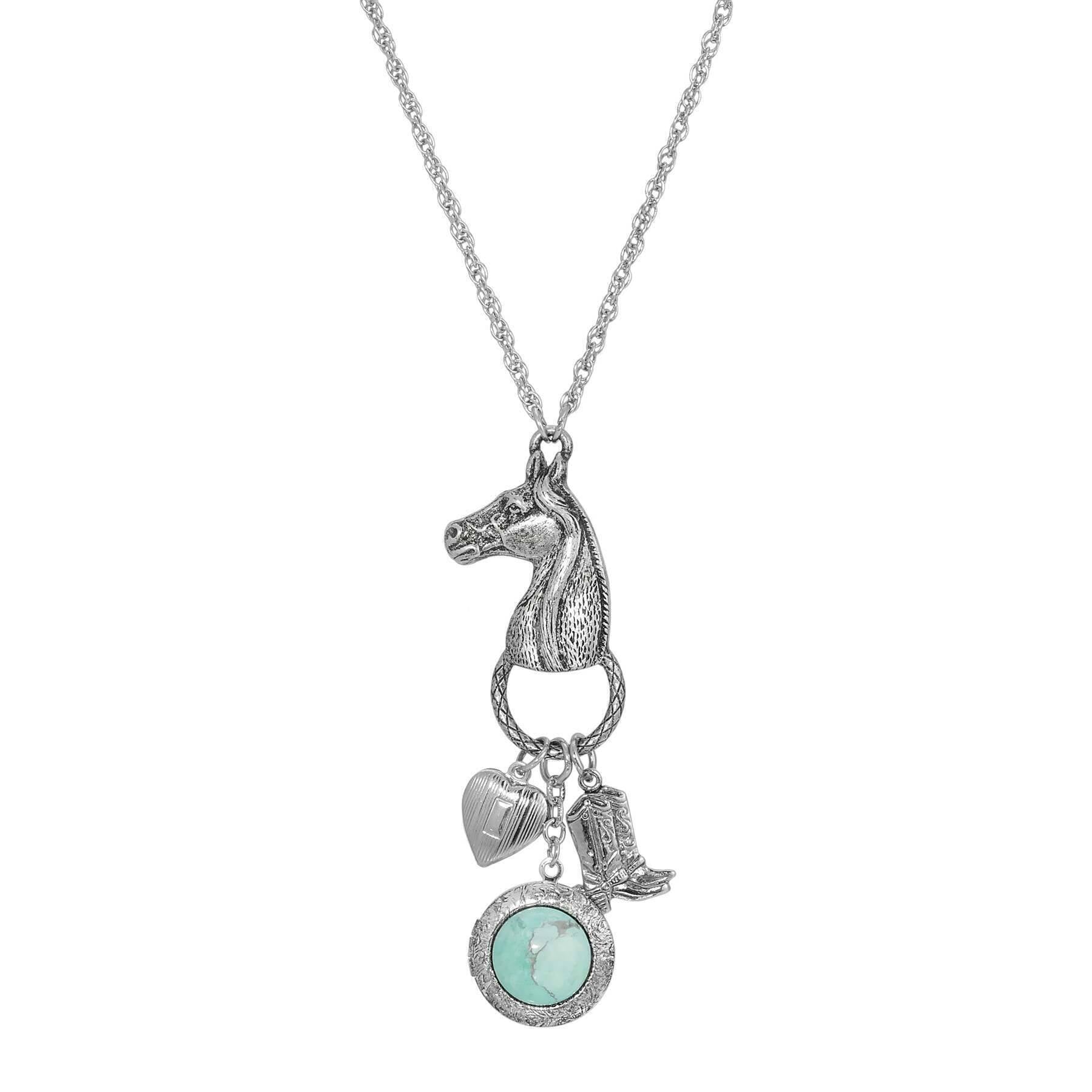 Southwest Horse Head Turquoise Locket & Charms Necklace 28"