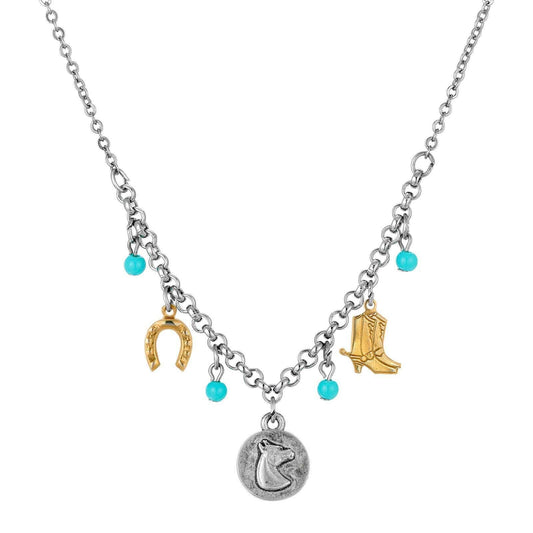 Southwest Turquoise Bead Multi Charm Necklace 16" + 3" Extender