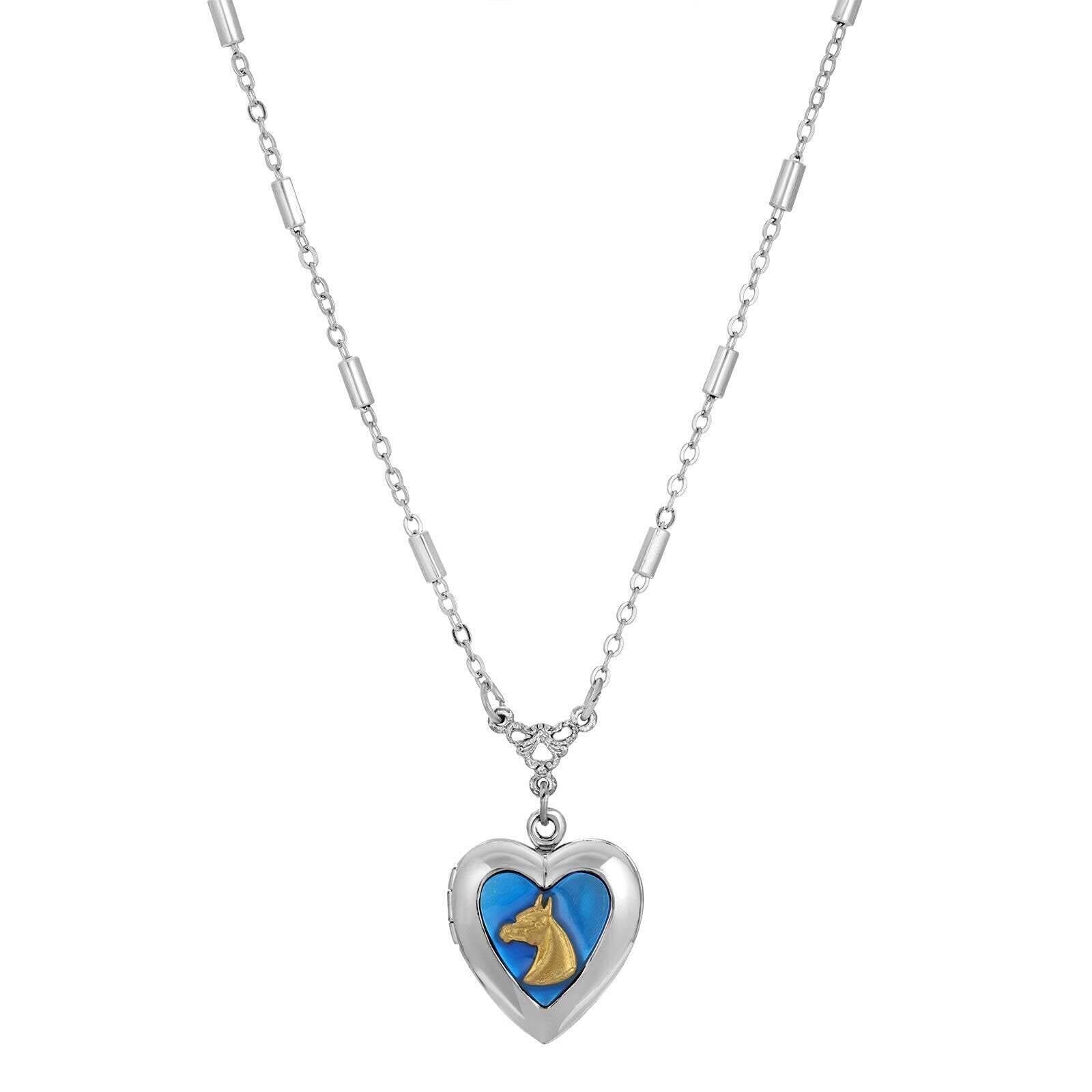 Sapphire Blue Horse Heart Locket Necklace 16" + 3" Extender