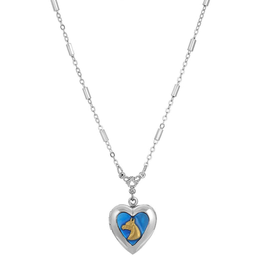 Sapphire Blue Horse Heart Locket Necklace 16" + 3" Extender