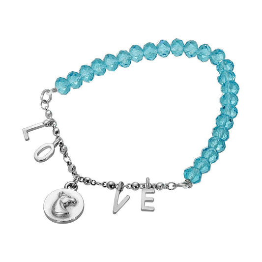Horse Head Pendant LOVE Aqua Bead Stretch Bracelet