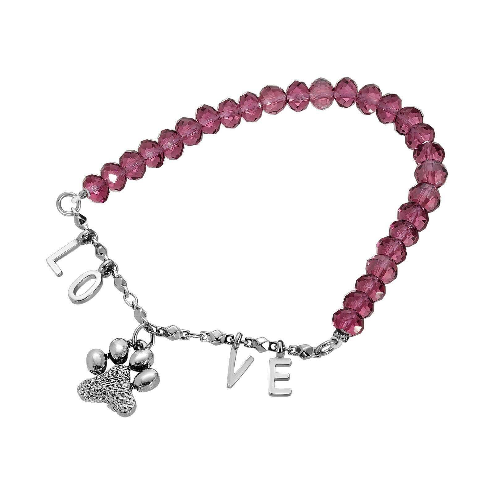 Purple Amethyst Bead Love and Animal Paw Stretch Bracelet