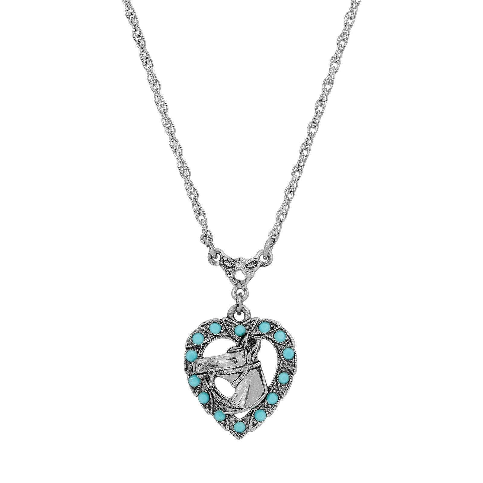 Heart Horse Head Turquoise Crystal Pendant Necklace 16"