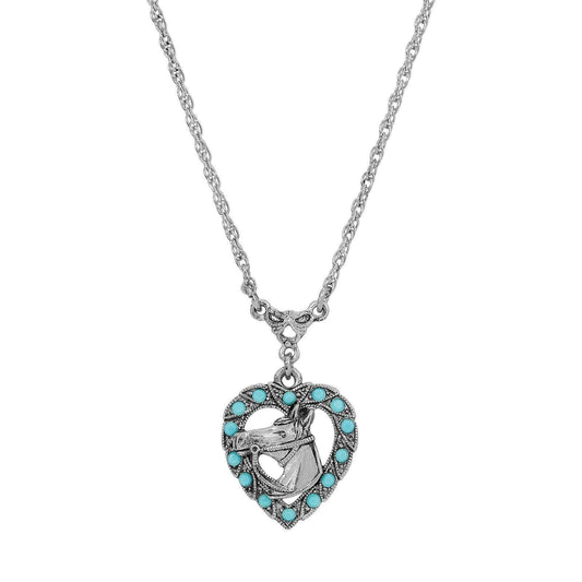 Heart Horse Head Turquoise Crystal Pendant Necklace 16"