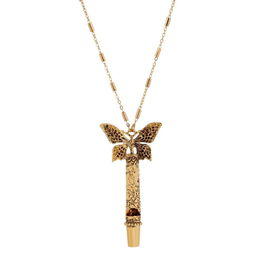 Gold Filigree Whistle Butterfly Pendant Necklace 28"