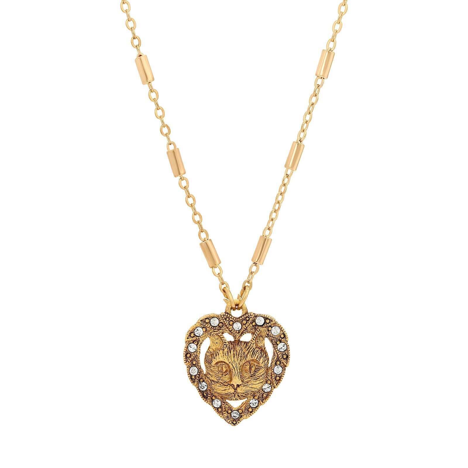 Heart And Cat Crystal Accent Pendant Necklace 18"