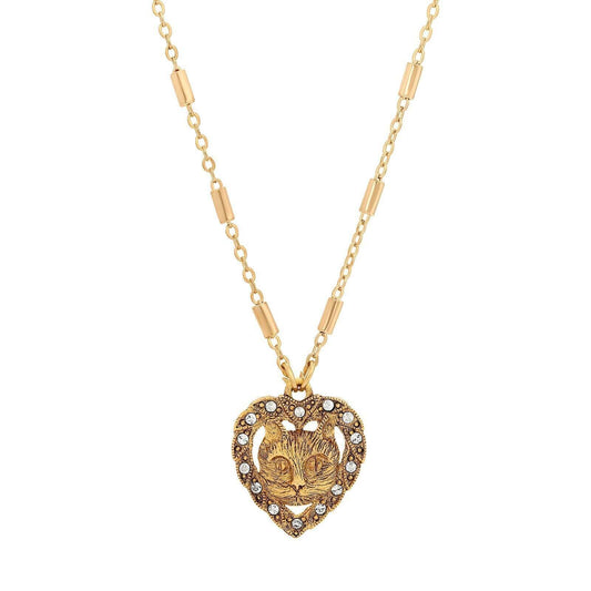 Heart And Cat Crystal Accent Pendant Necklace 18"