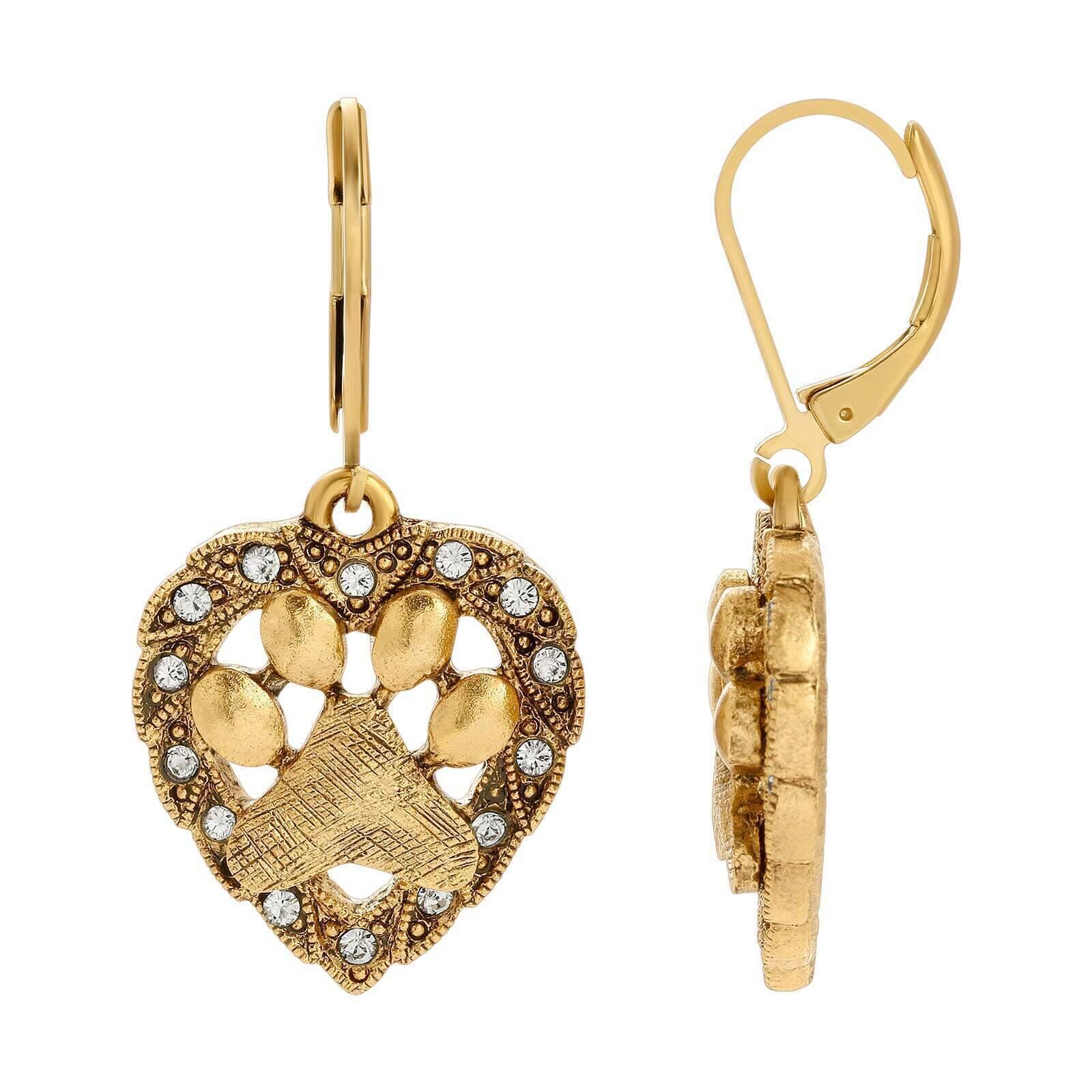 Heart And Paw Crystal Accent Lever Back Earrings